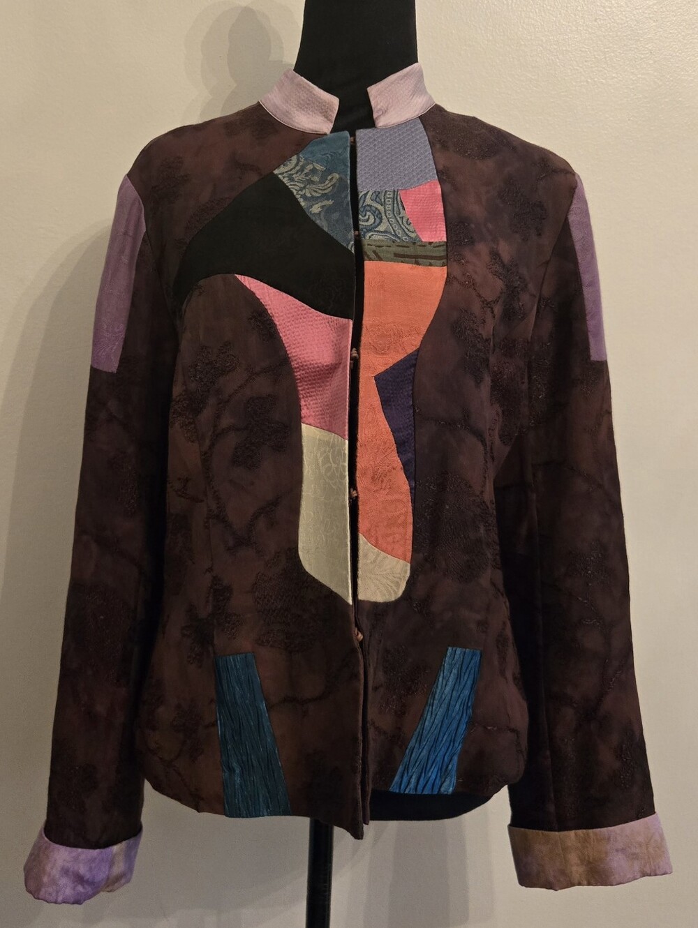 Chico's Brown Rayon Silk Blend Jacket Mixed Fabric Patchwork Medium